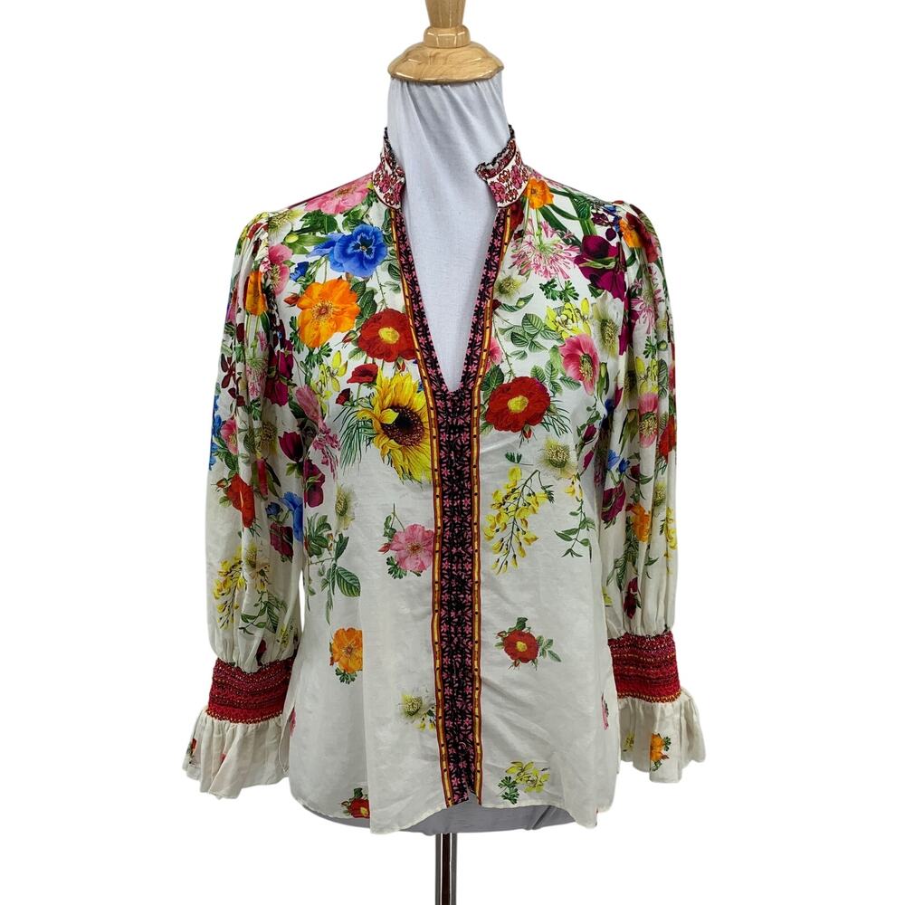Alice + Olivia Blouse Womens M Medium Multi Ilan Floral Silk Blend Puff Sleeve